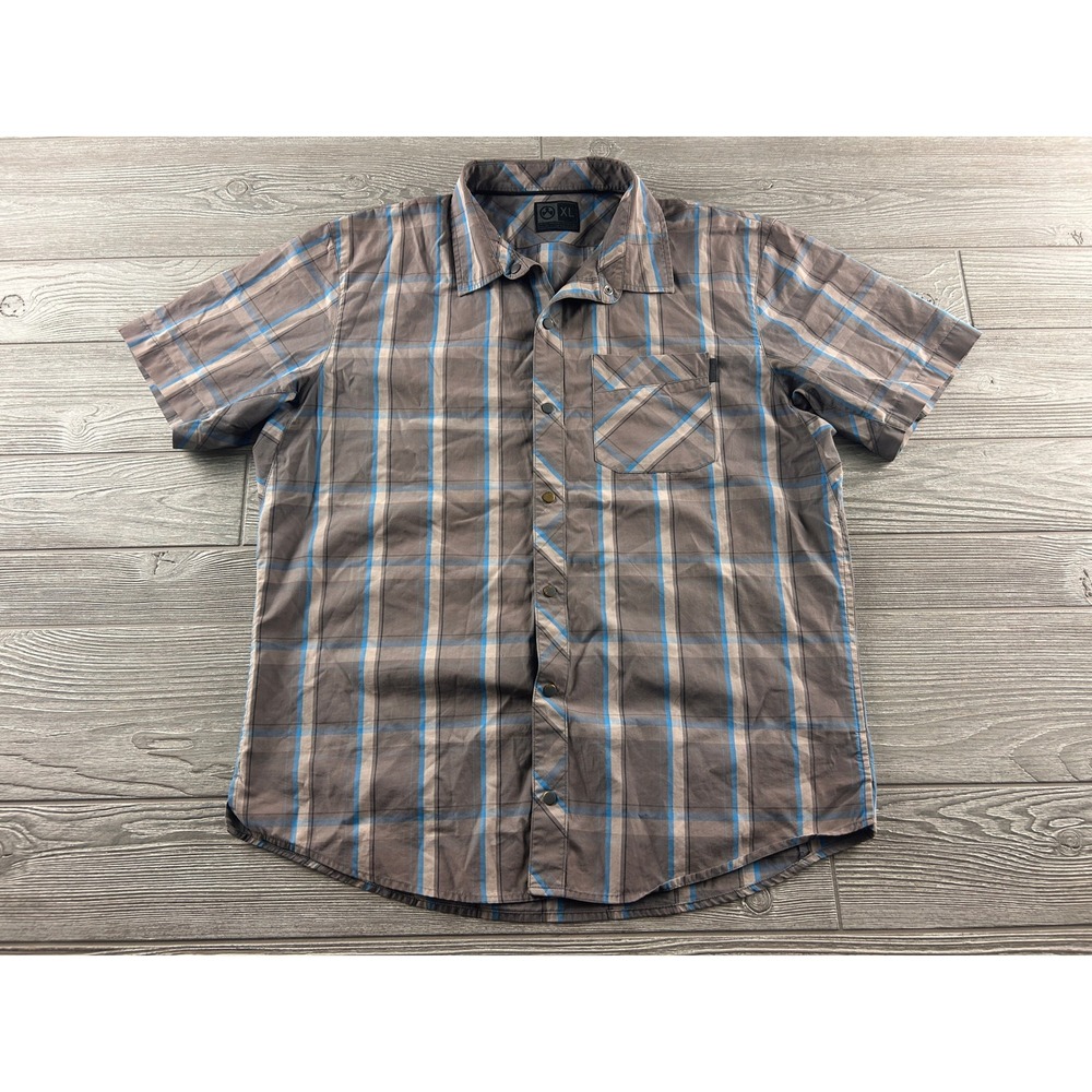 Magpul Mens XL Brown Blue Plaid Short Sleeve Snap Front Cotton Shirt MAG892